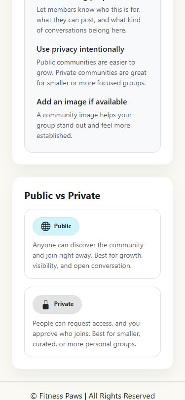 Fitness Paws explanation of public and private Communities