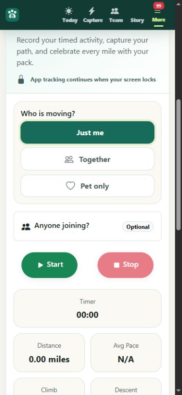 Tracker controls for choosing an activity and who is moving